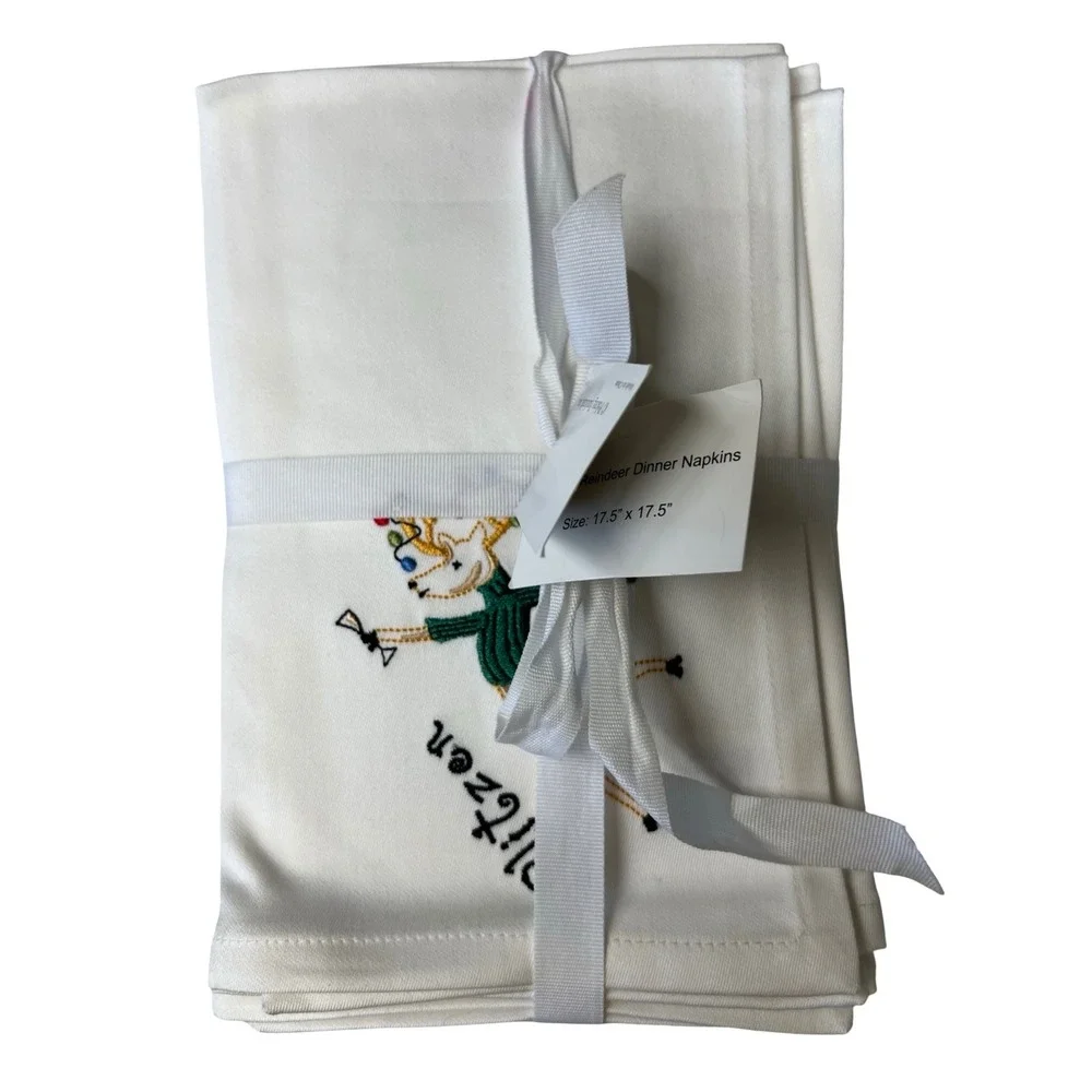 PHI Set of 8 Embroidered Reindeer Dinner White Napkins 100% Cotton Christmas NWT